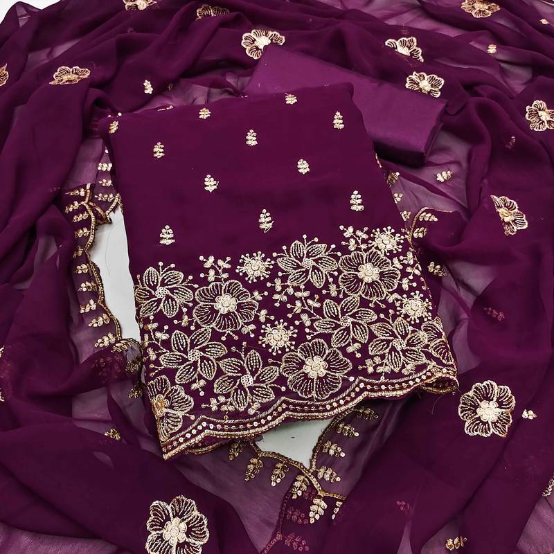 Purple embroidered georgette semi stitched churidar dress-materials