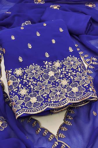 Royal-blue embroidered georgette semi stitched churidar dress-materials