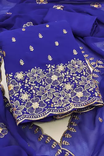 Royal-blue embroidered georgette semi stitched churidar dress-materials