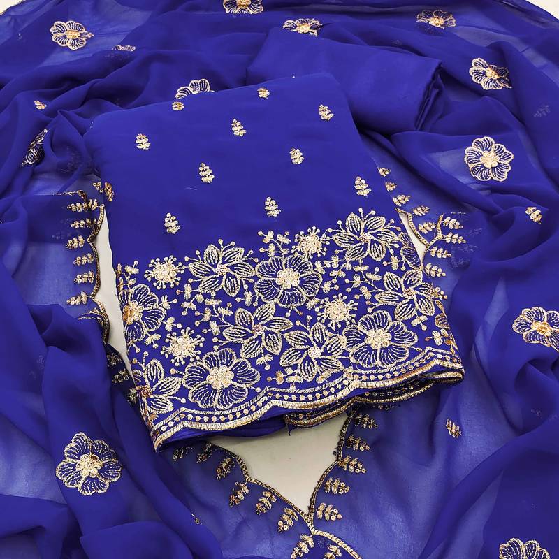 Royal-blue embroidered georgette semi stitched churidar dress-materials