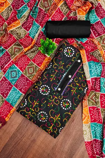 Black embroidered cotton semi stitched churidar dress-materials