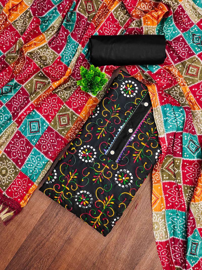 Black embroidered cotton semi stitched churidar dress-materials
