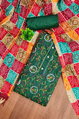 Green embroidered cotton semi stitched churidar dress-materials