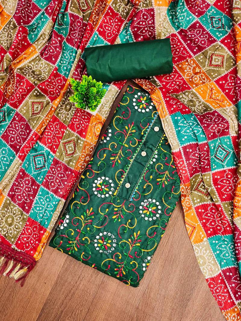 Green embroidered cotton semi stitched churidar dress-materials