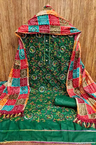 Green embroidered cotton churidar dress-materials