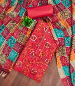 Red embroidered cotton semi stitched churidar dress-materials
