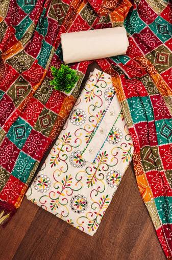 White embroidered cotton semi stitched churidar dress-materials