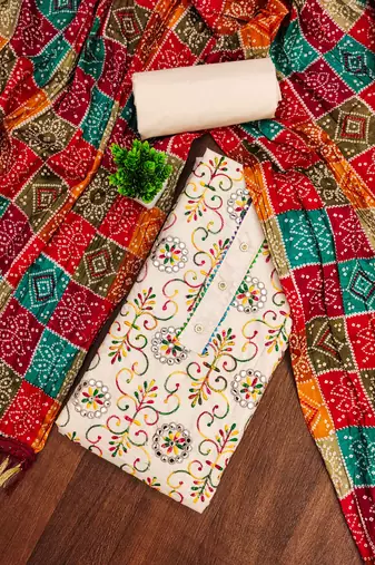 White embroidered cotton semi stitched churidar dress-materials