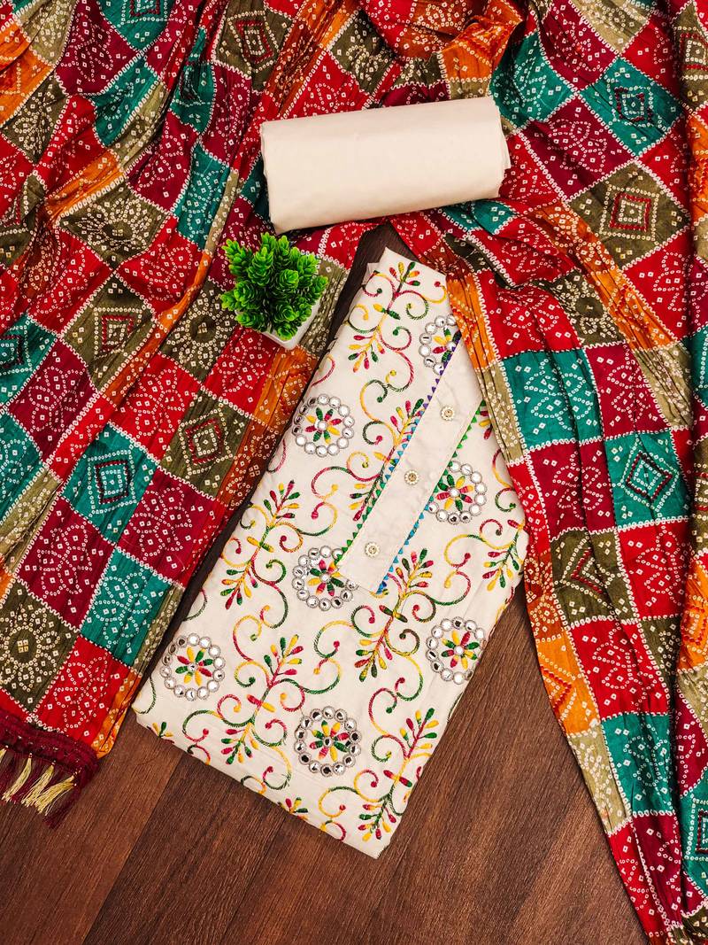 White embroidered cotton semi stitched churidar dress-materials