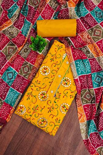 Yellow embroidered cotton semi stitched churidar dress-materials