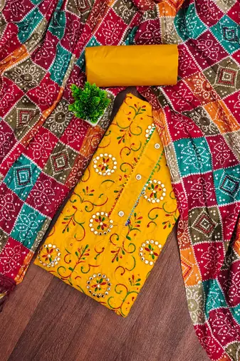 Yellow embroidered cotton semi stitched churidar dress-materials