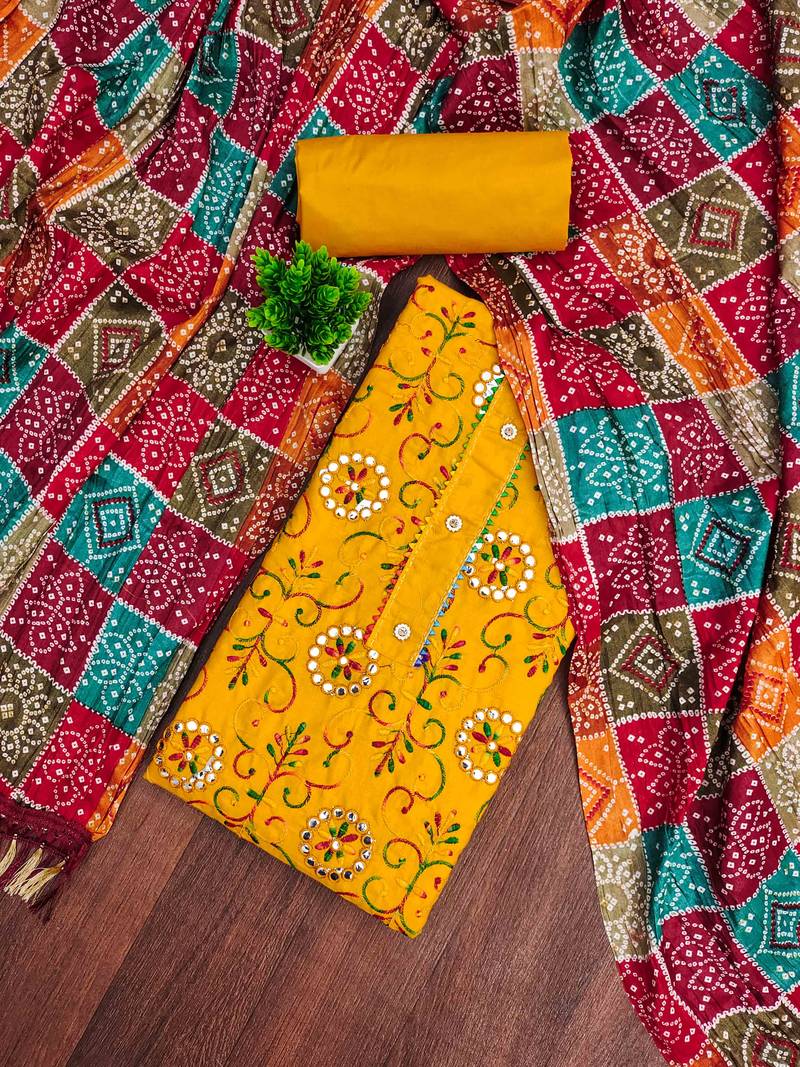 Yellow embroidered cotton semi stitched churidar dress-materials