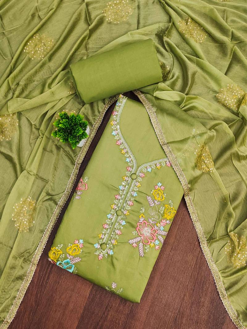 Green sequins cotton semi stitched churidar dress-materials