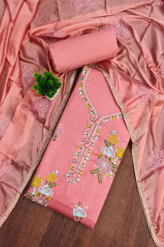 Peach sequins cotton semi stitched churidar dress-materials