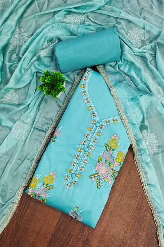 Sky-blue sequins cotton semi stitched churidar dress-materials