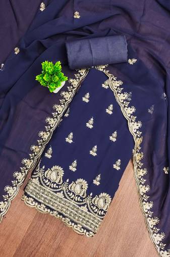 Blue embroidered georgette semi stitched churidar dress-materials