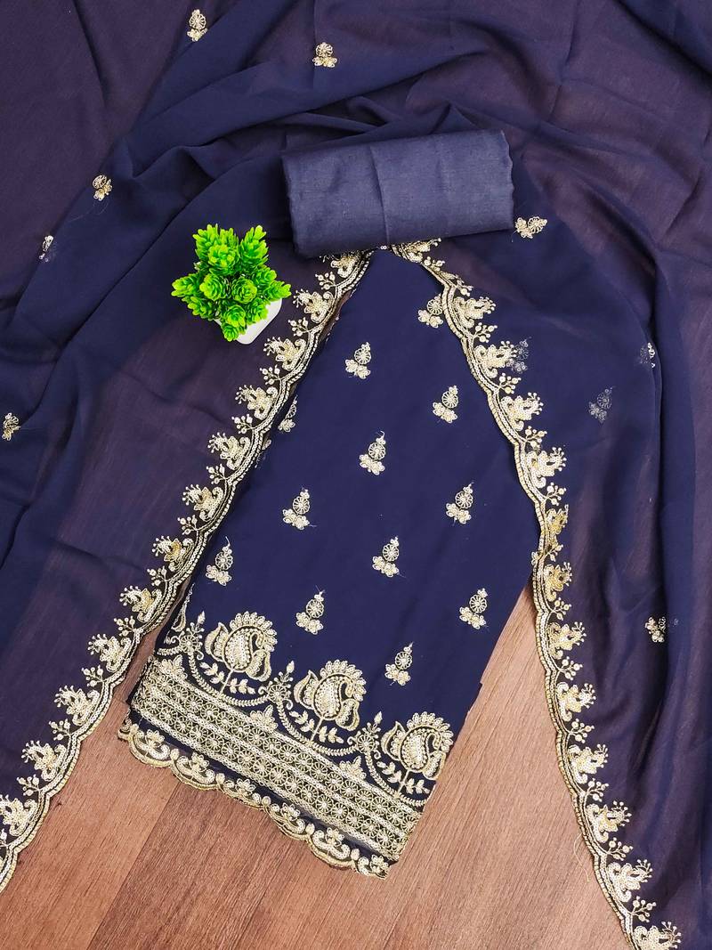 Blue embroidered georgette semi stitched churidar dress-materials