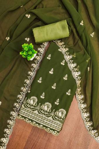 Green embroidered georgette semi stitched churidar dress-materials