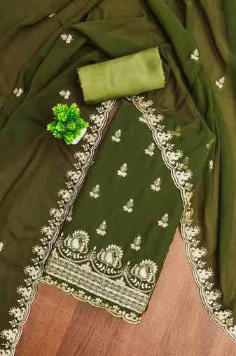 Green embroidered georgette semi stitched churidar dress-materials