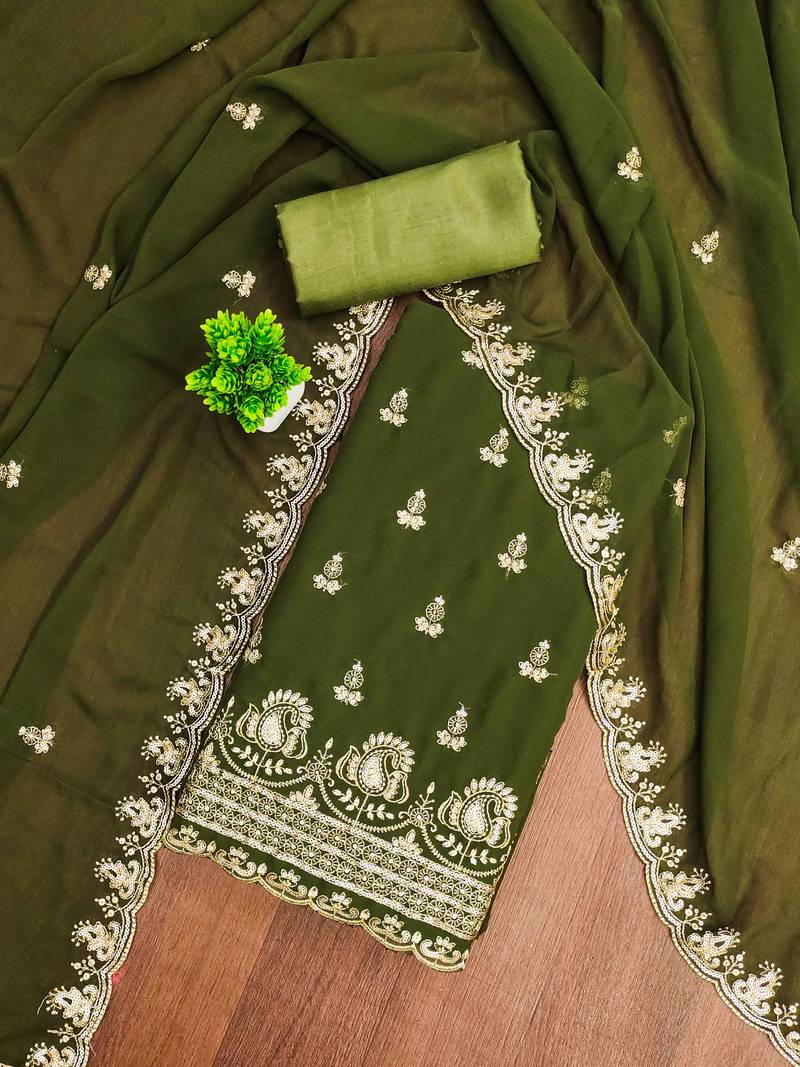 Green embroidered georgette semi stitched churidar dress-materials