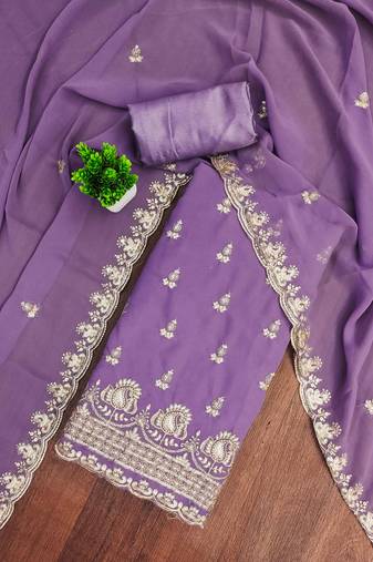 Lavender embroidered georgette semi stitched churidar dress-materials