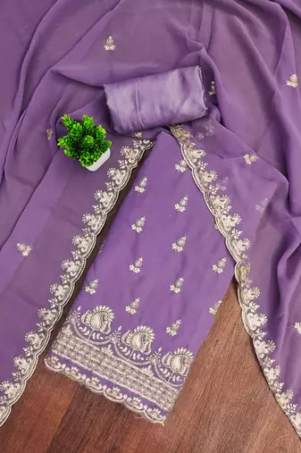 Lavender embroidered georgette semi stitched churidar dress-materials