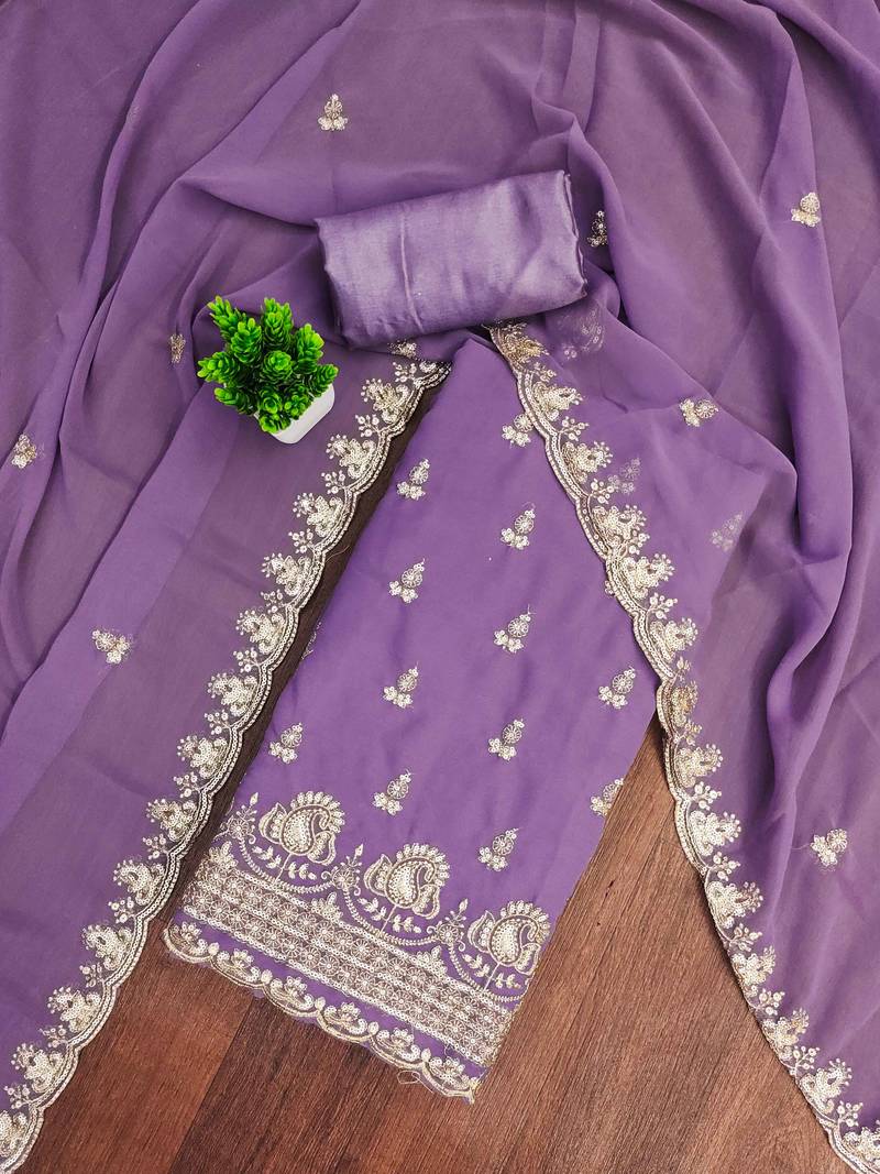 Lavender embroidered georgette semi stitched churidar dress-materials