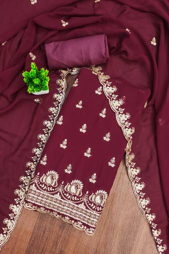 Maroon embroidered georgette semi stitched churidar dress-materials