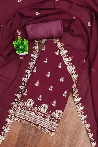 Maroon embroidered georgette semi stitched churidar dress-materials