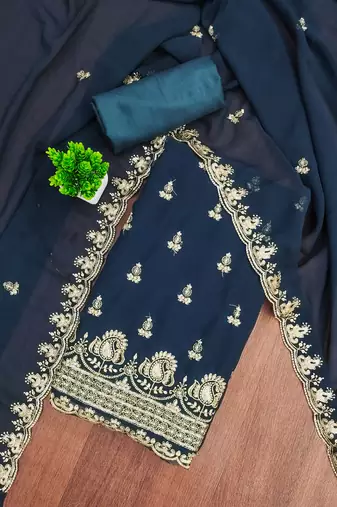 Royal-blue embroidered georgette semi stitched churidar dress-materials