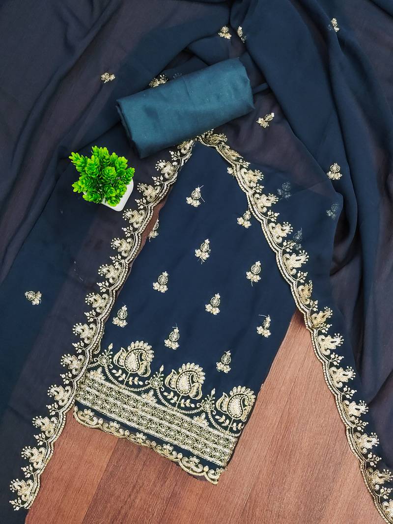 Royal-blue embroidered georgette semi stitched churidar dress-materials