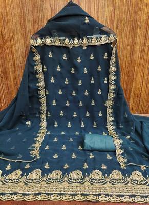 Royal-blue embroidered georgette churidar dress-materials 3