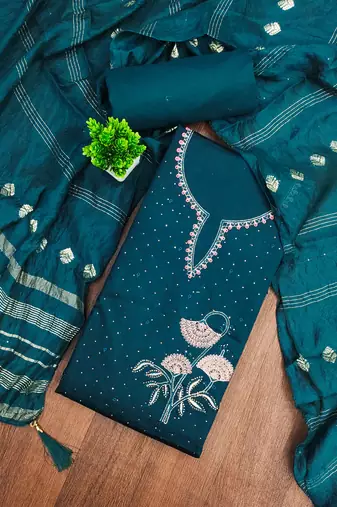 Blue embroidered cotton semi stitched churidar dress-materials