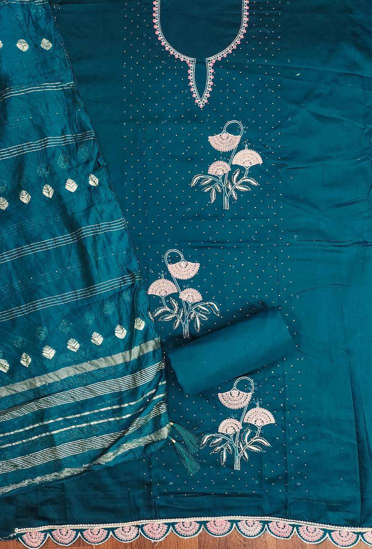 Blue embroidered cotton semi stitched churidar dress-materials