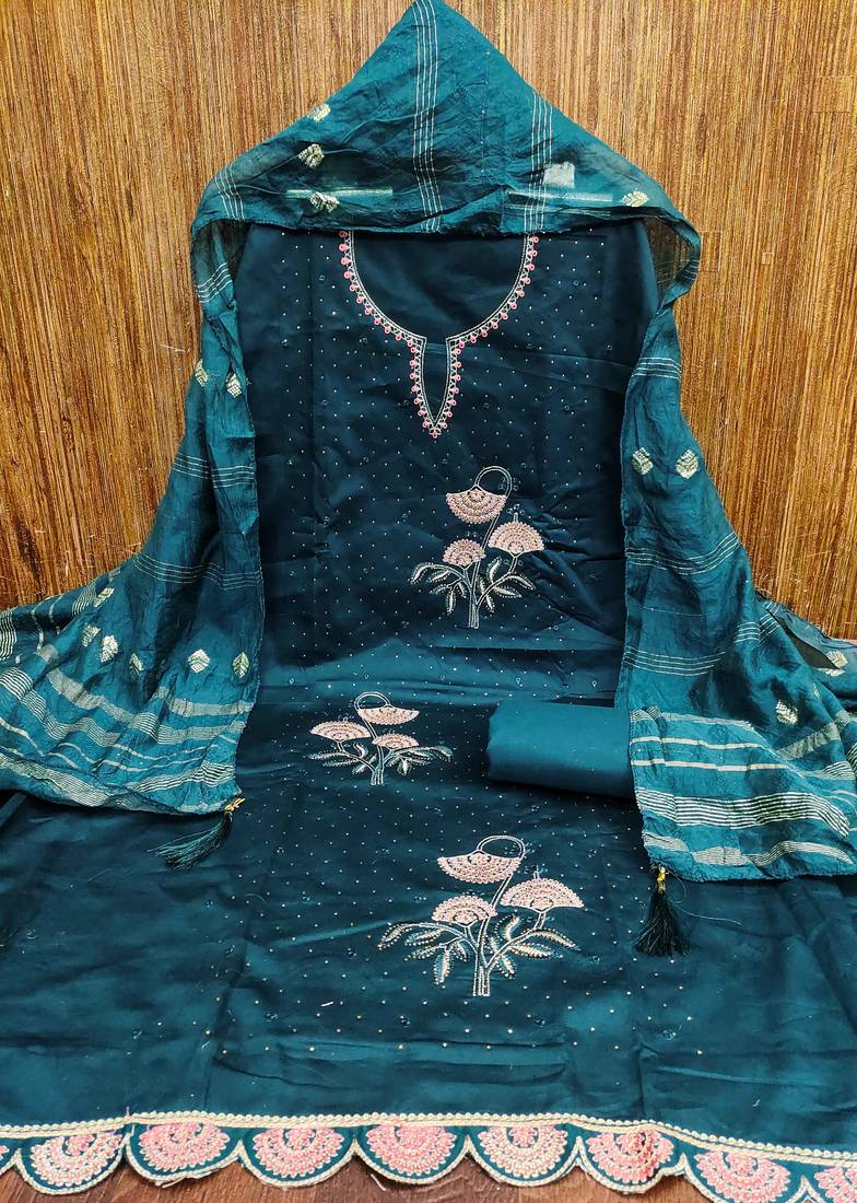 Blue embroidered cotton semi stitched churidar dress-materials