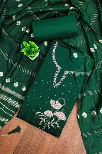 Green embroidered cotton semi stitched churidar dress-materials
