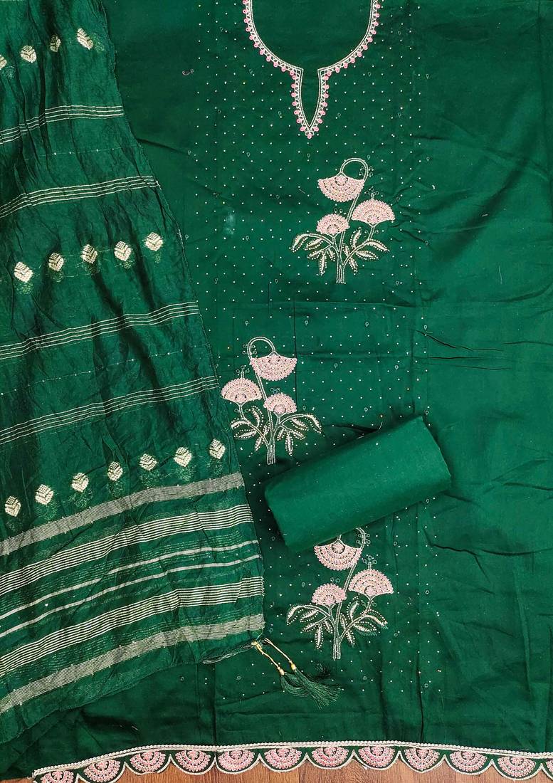 Green embroidered cotton semi stitched churidar dress-materials
