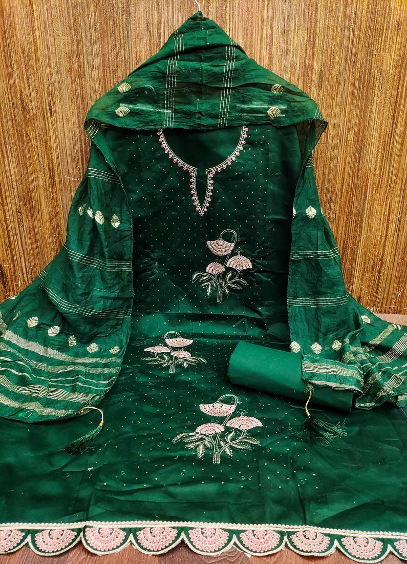 Green embroidered cotton semi stitched churidar dress-materials