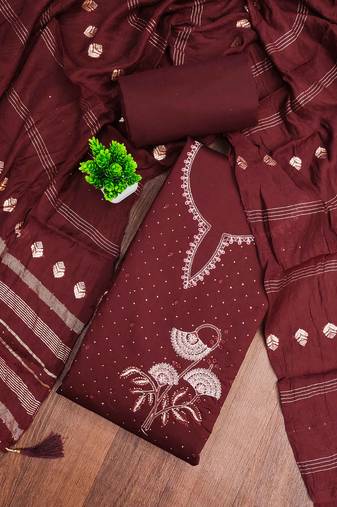 Maroon embroidered cotton semi stitched churidar dress-materials