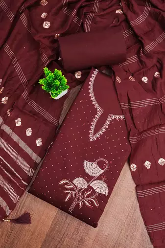 Maroon embroidered cotton semi stitched churidar dress-materials