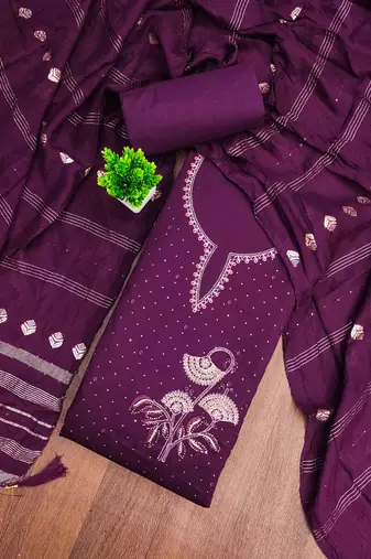 Purple embroidered cotton semi stitched churidar dress-materials