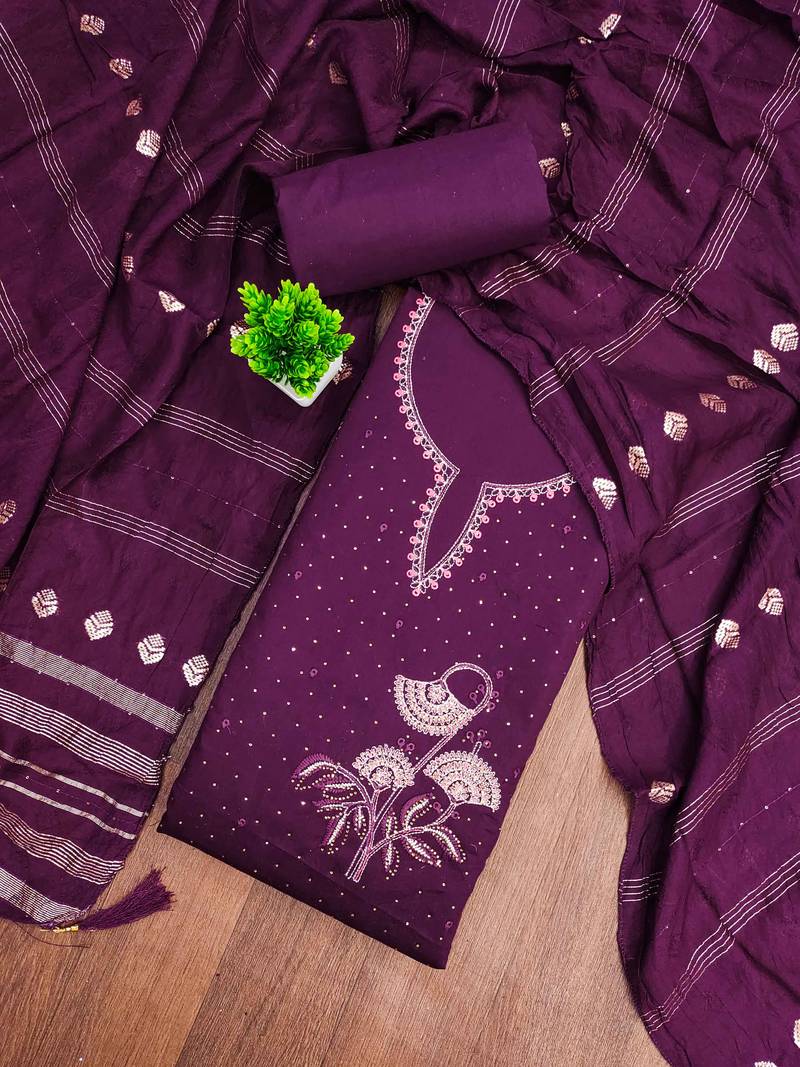 Purple embroidered cotton semi stitched churidar dress-materials