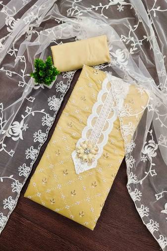 Beige printed silk blend semi stitched churidar dress-materials