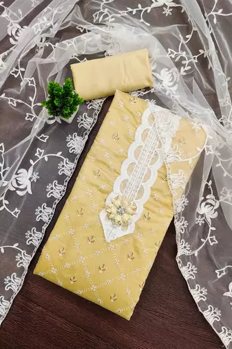 Beige printed silk blend semi stitched churidar dress-materials