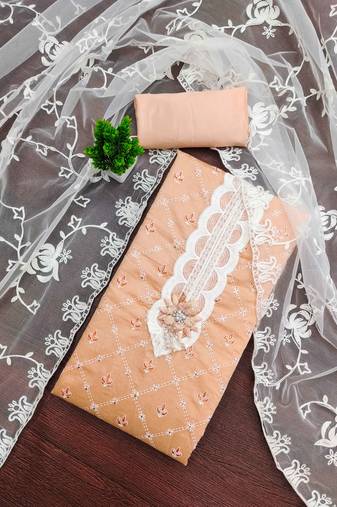 Peach printed silk blend semi stitched churidar dress-materials