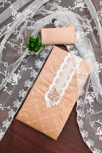 Peach printed silk blend semi stitched churidar dress-materials