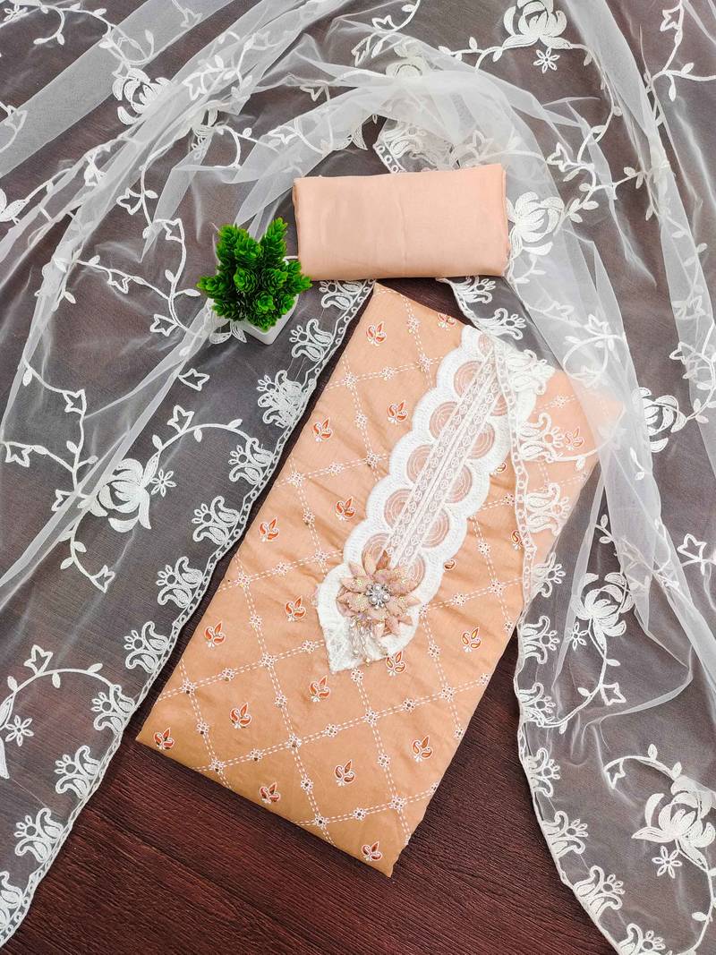 Peach printed silk blend semi stitched churidar dress-materials