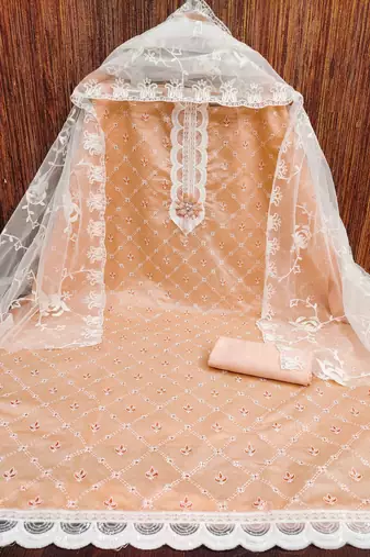 Peach printed silk blend churidar dress-materials