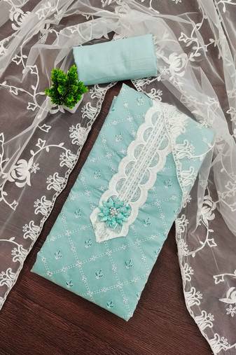 Sky-blue printed silk blend semi stitched churidar dress-materials