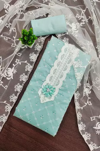 Sky-blue printed silk blend semi stitched churidar dress-materials